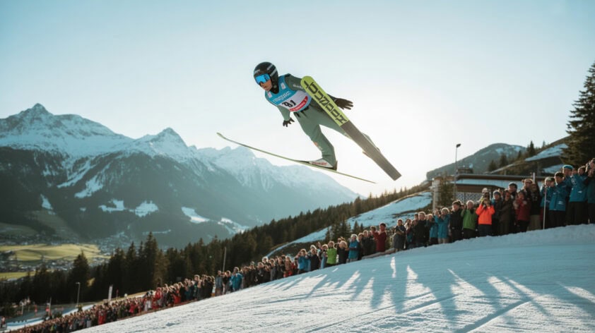 Spektakulärer Skisprungwettbewerb bei den Alpen, begeistert Publikum vor beeindruckender Bergkulisse.