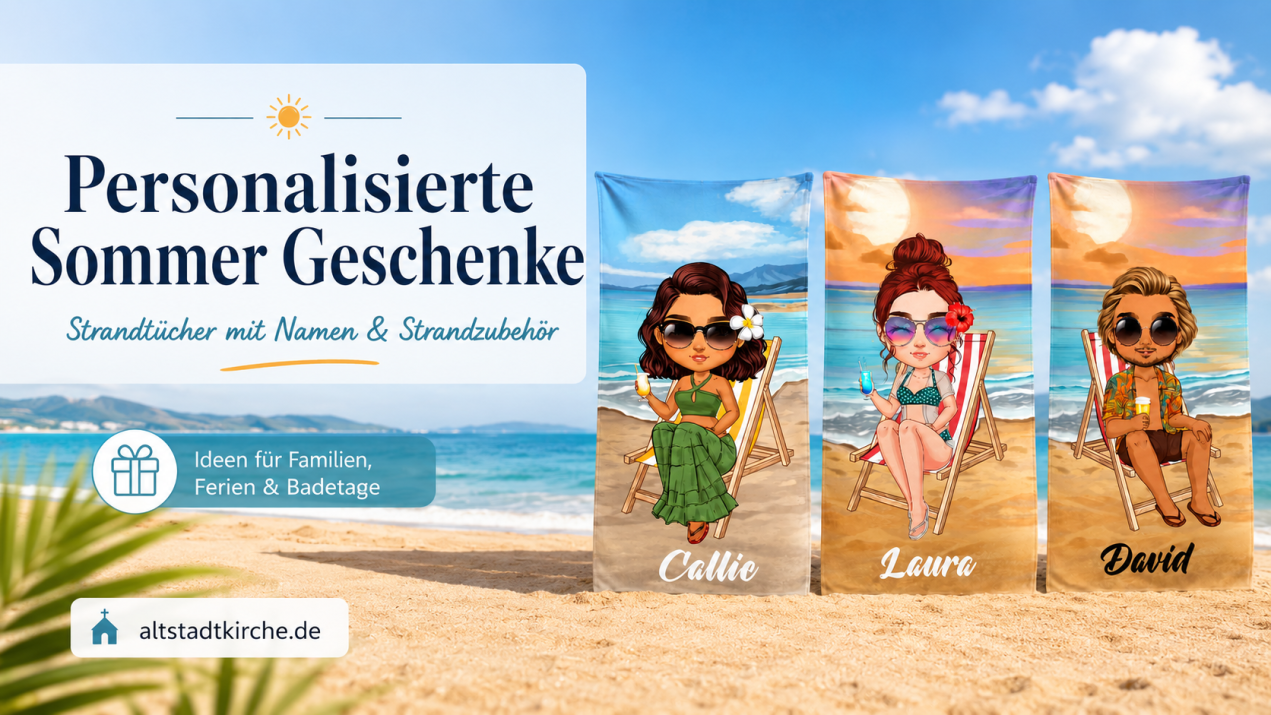 Personalisierte Sommer Geschenke mit Strandtüchern mit Namen, Strandzubehör und Geschenkideen für Familie und Badetage