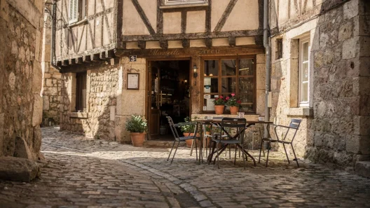 Enge Altstadtgasse mit historischem Gasthaus und Café in Fachwerk- und Steingebäuden