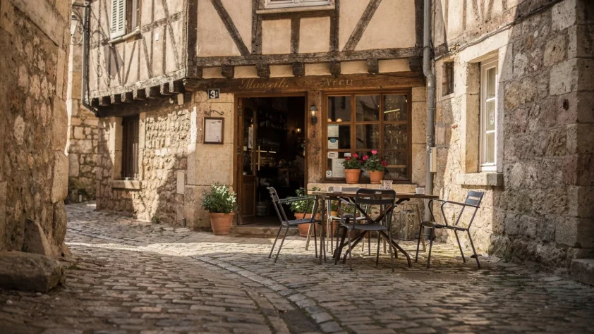 Enge Altstadtgasse mit historischem Gasthaus und Café in Fachwerk- und Steingebäuden