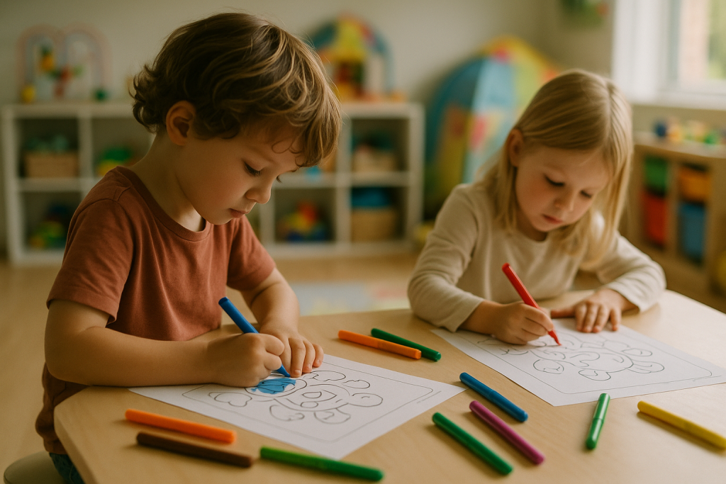 Zwei Kinder malen an einem niedrigen Tisch ausgedruckte Vorlagen aus