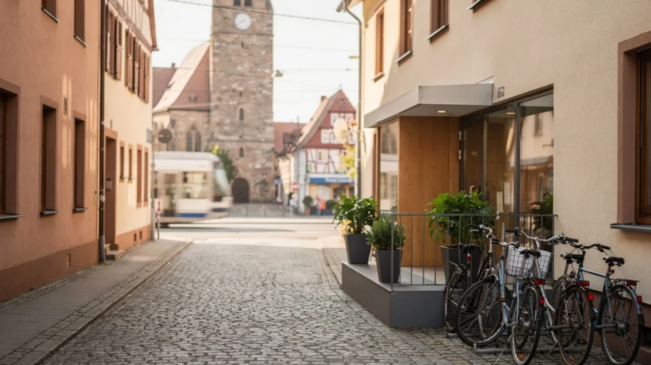 Altstadtgasse mit Kirche, Kopfsteinpflaster und Fahrradständern in einer deutschen Stadt.