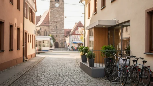 Altstadtgasse mit Kirche, Kopfsteinpflaster und Fahrradständern in einer deutschen Stadt.