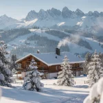 Schneebedeckte Alpenlandschaft in Österreich mit Skipiste und Berghütte im Winterurlaub