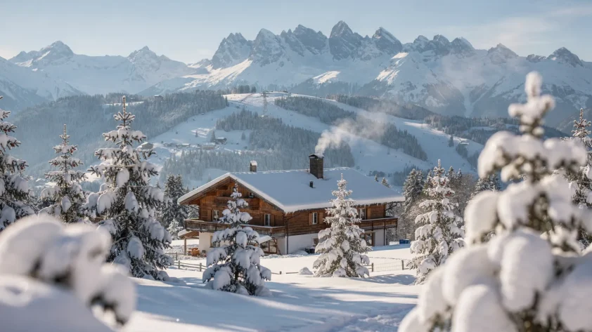 Schneebedeckte Alpenlandschaft in Österreich mit Skipiste und Berghütte im Winterurlaub